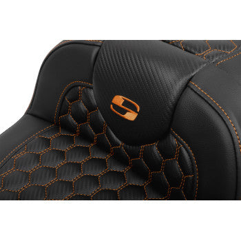 SADDLEMEN Roadsofa™ Extended Reach Seat - with Backrest - Honeycomb - Orange Stitch - Touring '23.5-UP