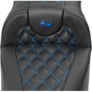 SADDLEMEN Roadsofa™ Extended Reach Seat - without Backrest - Lattice Stitch - Blue Stitch - Touring '23.5-UP