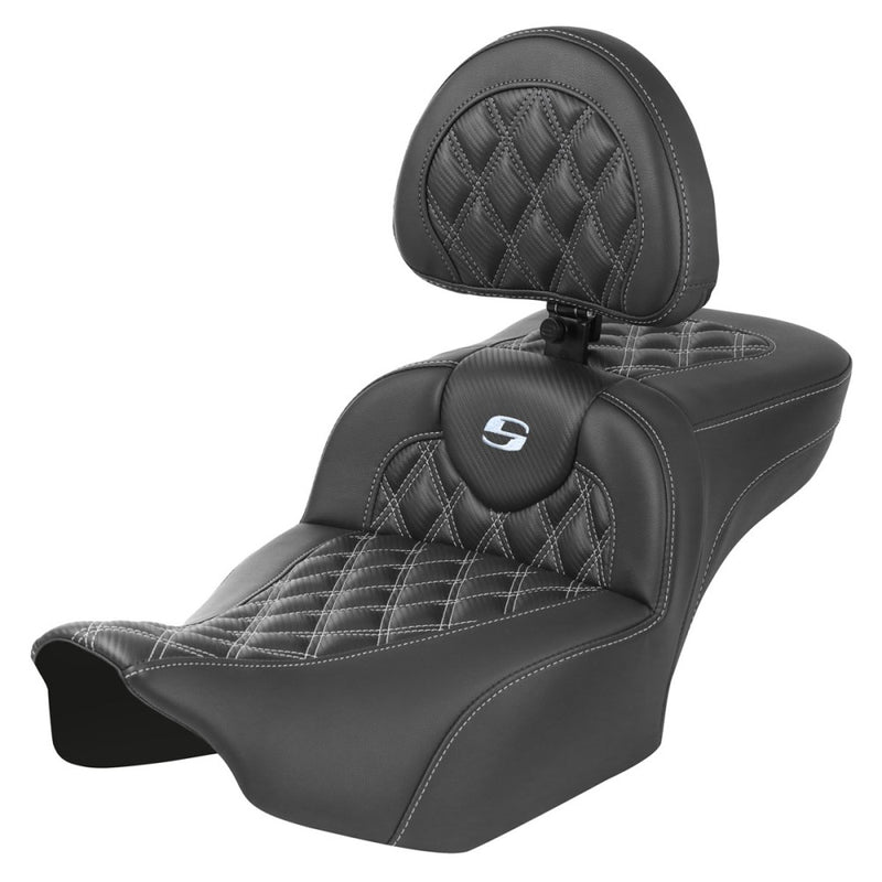SADDLEMEN Roadsofa* Extended Reach Seat - with Backrest - Lattice Stitch - Silver Stitch - Touring '23.5-'25