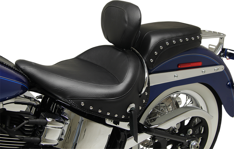 MUSTANG Wide Touring Solo Seat with Backrest - Chrome Studs with Conchos - Softail '05-'17 With Standard Rack