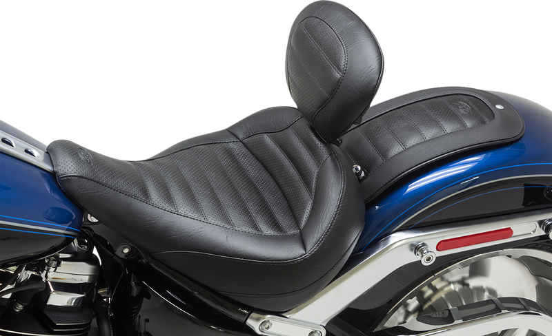 MUSTANG Solo Touring Seat with Drivers Backrest - Perforated Tuck & Roll - Black - Softail '18-'21