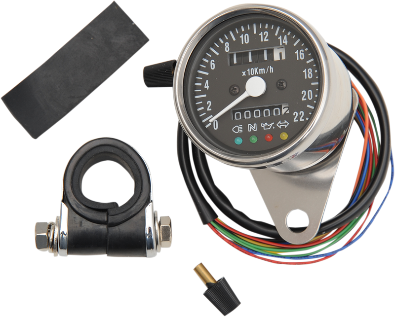 DRAG SPECIALTIES 2.4" Mini 2:1 Ratio Mechanical Metric Speedometer with LED Indicators - KPH - Black Face - Polished Housing