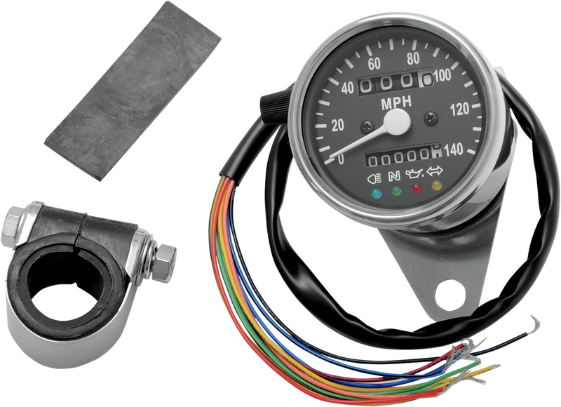 DRAG SPECIALTIES 2.4" Mini 2:1 Ratio Mechanical Imperial Speedometer with LED Indicators - MPH - Black Face - Polished Housing