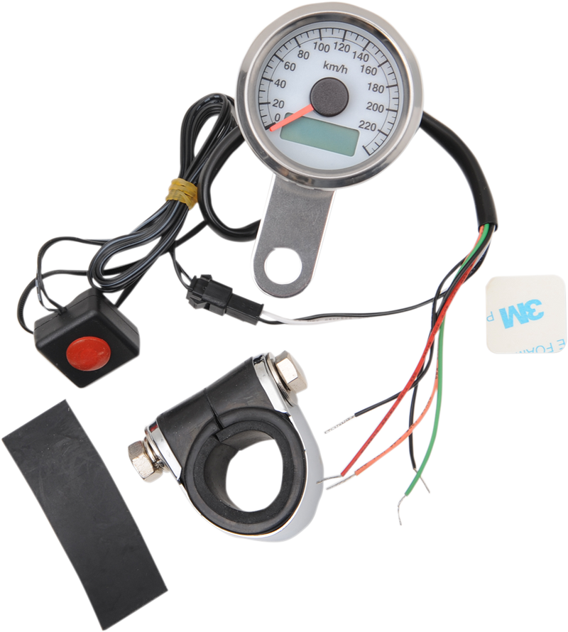 DRAG SPECIALTIES 1.87" Programmable Mini Electronic Metric Speedometer with Odometer/Tripmeter - KPH - White Face - Polished Bezel