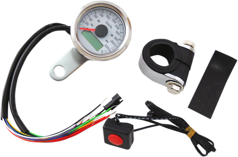 Drag Specialties 1-7/8" Programmable Metric Speedometer with Indicator Lights - KPH - White Face - Stainless Steel Bezel