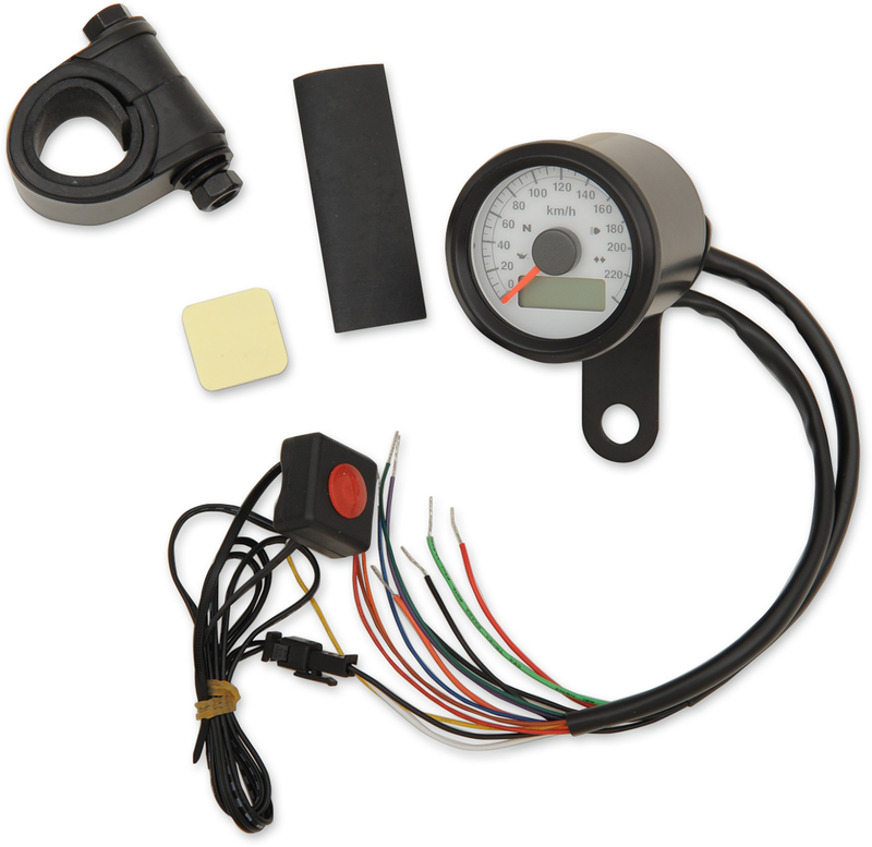 Drag Specialties 1-7/8" Programmable Metric Speedometer with Indicator Lights - KPH - White Face - Black Bezel