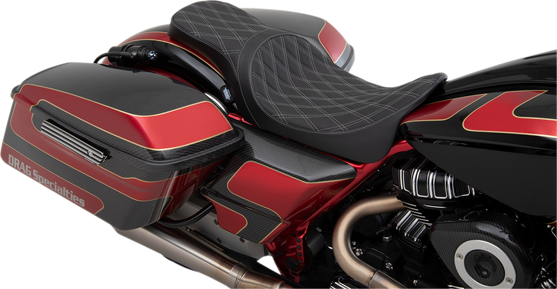 DRAG SPECIALTIES Forward Positioned Predator 2-Up Double Diamond Silver Stitch Solar-Reflective Leather Seat - Black - Touring '08-'23