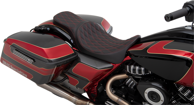 DRAG SPECIALTIES Forward Positioned Predator 2-Up Double Diamond Red Stitch Solar-Reflective Leather Seat - Black - Touring '08-'23