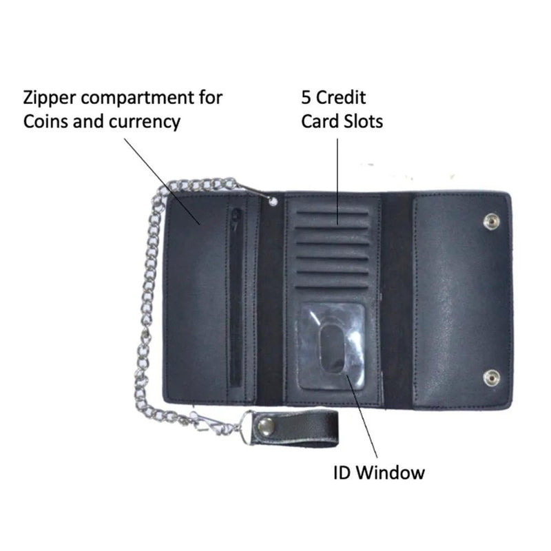 Long Black Trifold Biker Chain Wallet