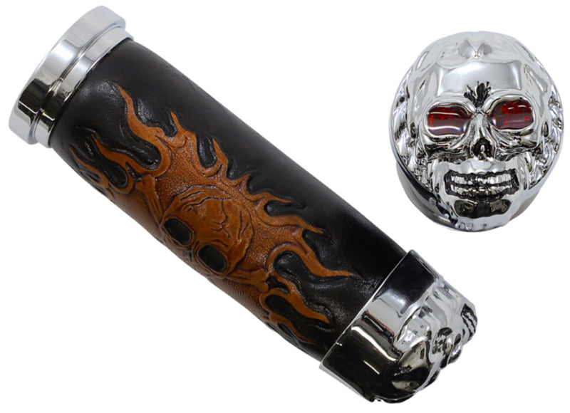 DRAG SPECIALTIES Replacement Black / Brown Leather Grips - Chrome - Skull with Red Eyes