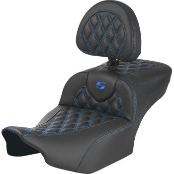 SADDLEMEN Roadsofa™ Extended Reach Seat - with Backrest - Lattice Stitch - Blue Stitch - Touring '23.5-'25
