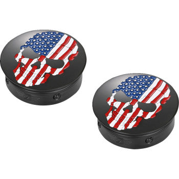 FIGURATI DESIGNS Swing Arm Covers - Red/White/Blue Flag Skull - Black