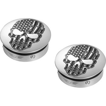 FIGURATI DESIGNS Swing Arm Covers - Contrast Cut - American Flag Skull - Custom - Polished Stainless Steel