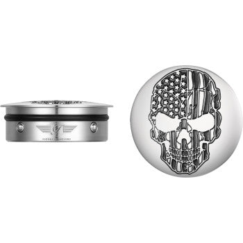 FIGURATI DESIGNS Swing Arm Covers - Contrast Cut - American Flag Skull - Custom - Polished Stainless Steel