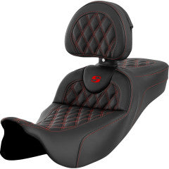 SADDLEMEN Roadsofa™ Extended Reach Seat - with Backrest - Lattice Stitch - Red Stitch - Touring '23.5-'25