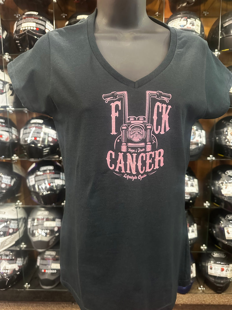 LIFESTYLE CYCLES F*ck Cancer Ladies V-Neck Black w/Pink Logo Shirt