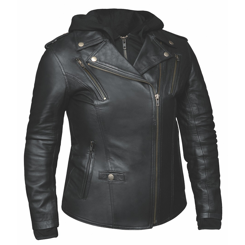  Crafted from luxurious lambskin leather in classic black, this jacket combines a modern hoody design with premium features for comfort, protection, and practicality.