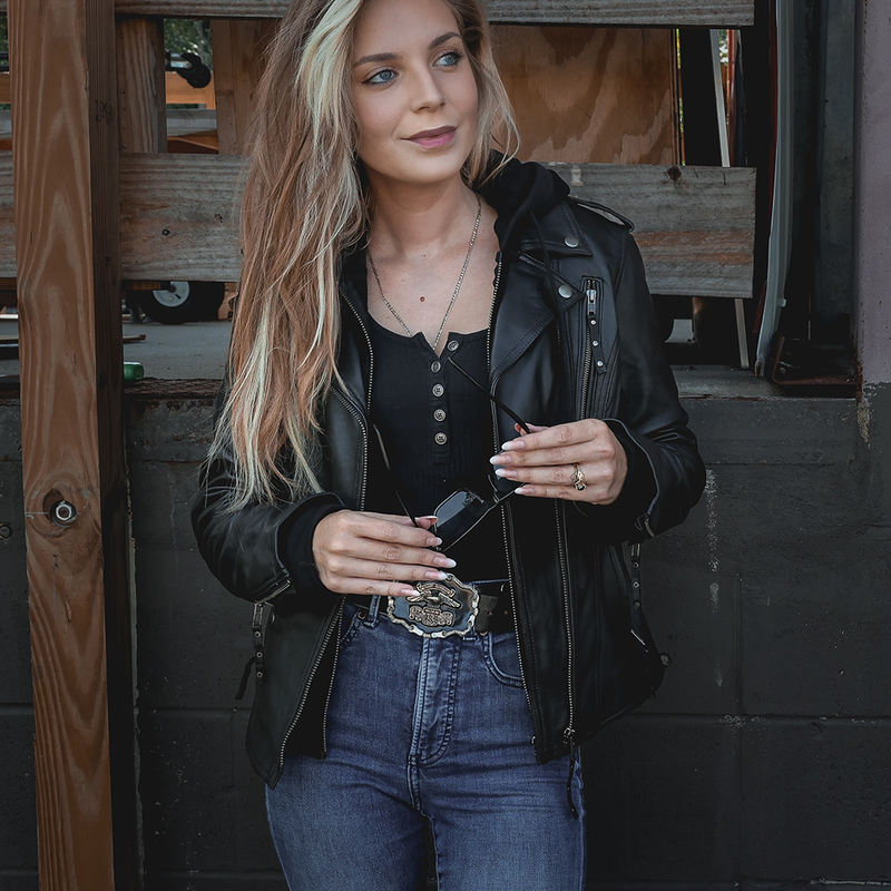  Crafted from luxurious lambskin leather in classic black, this jacket combines a modern hoody design with premium features for comfort, protection, and practicality.