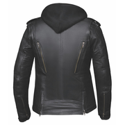  Crafted from luxurious lambskin leather in classic black, this jacket combines a modern hoody design with premium features for comfort, protection, and practicality.