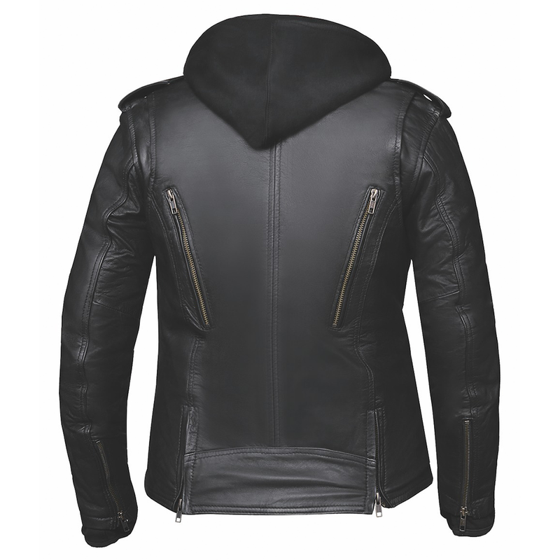  Crafted from luxurious lambskin leather in classic black, this jacket combines a modern hoody design with premium features for comfort, protection, and practicality.