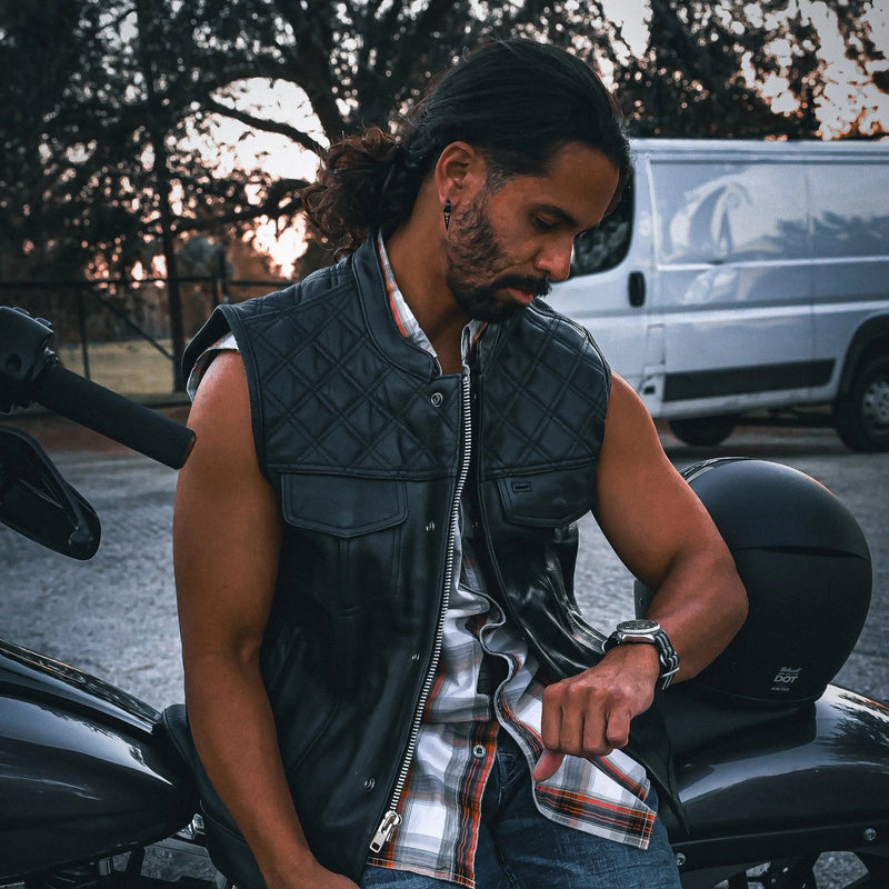 Black Diamond  - Mens Premium Leather Diamond Stitch Club Vest