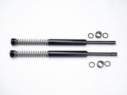 Parts of the RWD RS-1F softail front fork cartridge system laid out on a white background