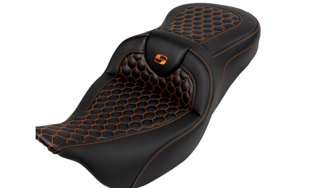 SADDLEMEN RoadSofa* Seat - Honeycomb - Orange Stitch - without Backrest - 2008-2023 TOURING