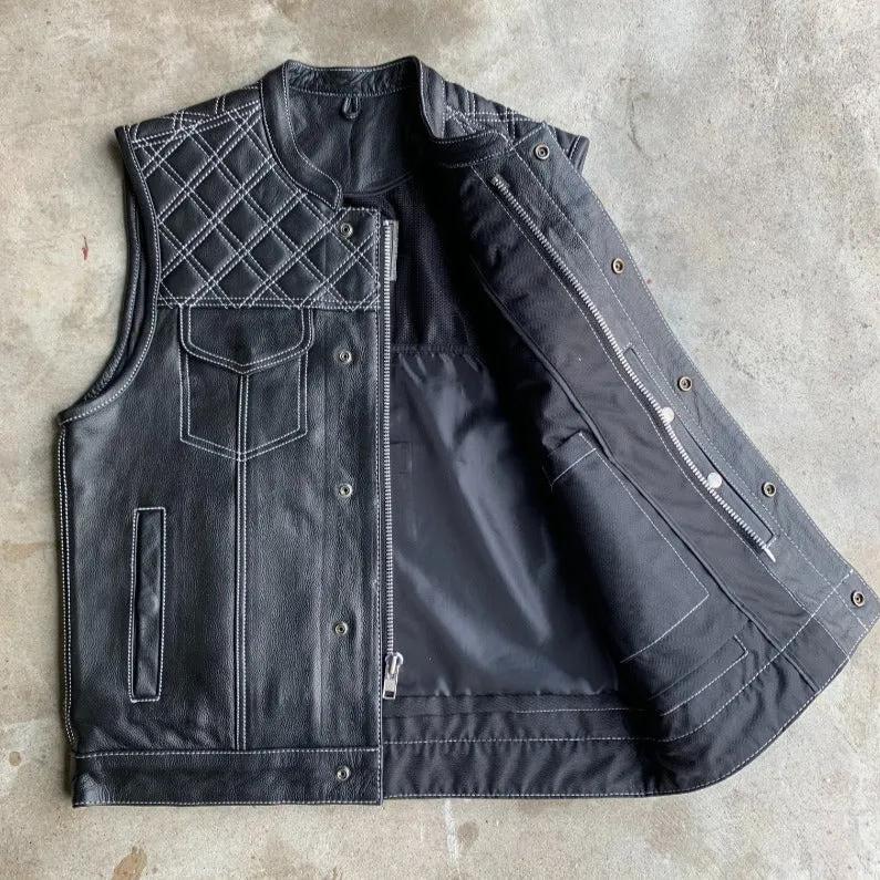 White Diamond - Mens Premium Leather Diamond Stitch Club Vest