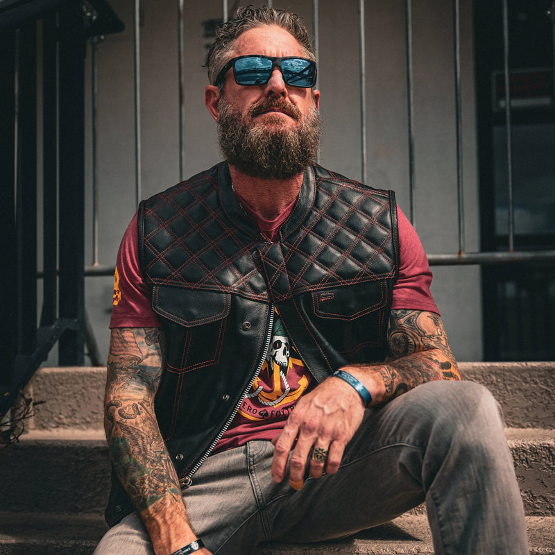 Red Diamond - Mens Premium Leather Diamond Stitch Club Vest