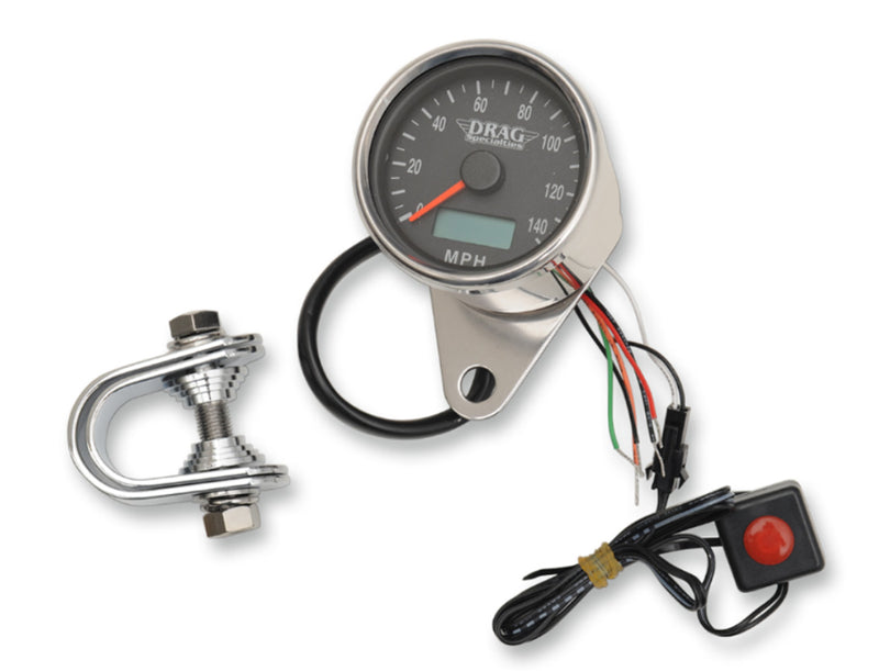 DRAG SPECIALTIES 2.4" Programmable Mini Electronic Imperial Speedometer with Odometer/Tripmeter - MPH - Black Face - Polished Bezel