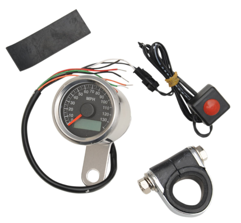 DRAG SPECIALTIES 1.87" Programmable Mini Electronic Imperial Speedometer with Odometer/Tripmeter - MPH - Black Face - Polished Bezel
