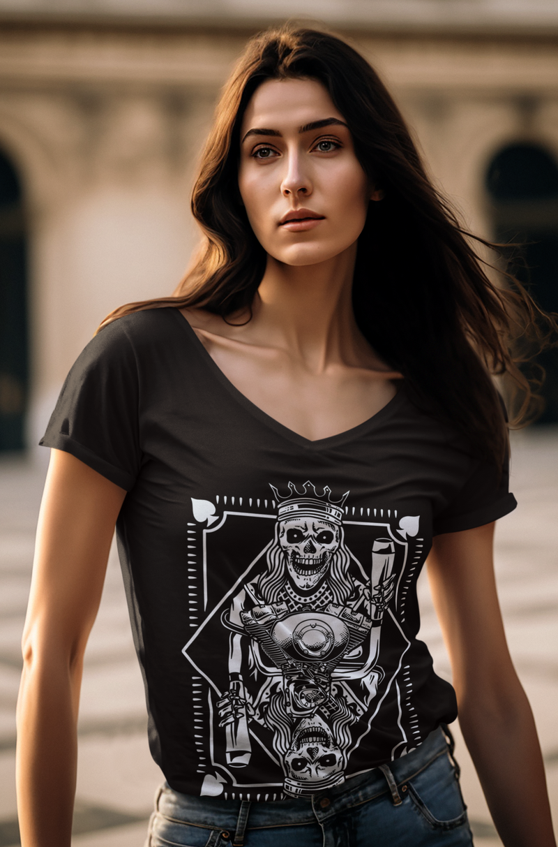 LIFESTYLE CYCLES Womens Playing Card V-Neck - Black