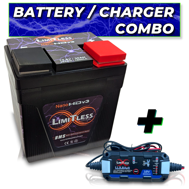 Limitless Lithium - Nano-HDv3 - 30AH Battery - With Battery Maintainer - (LifePO4) Harley Touring