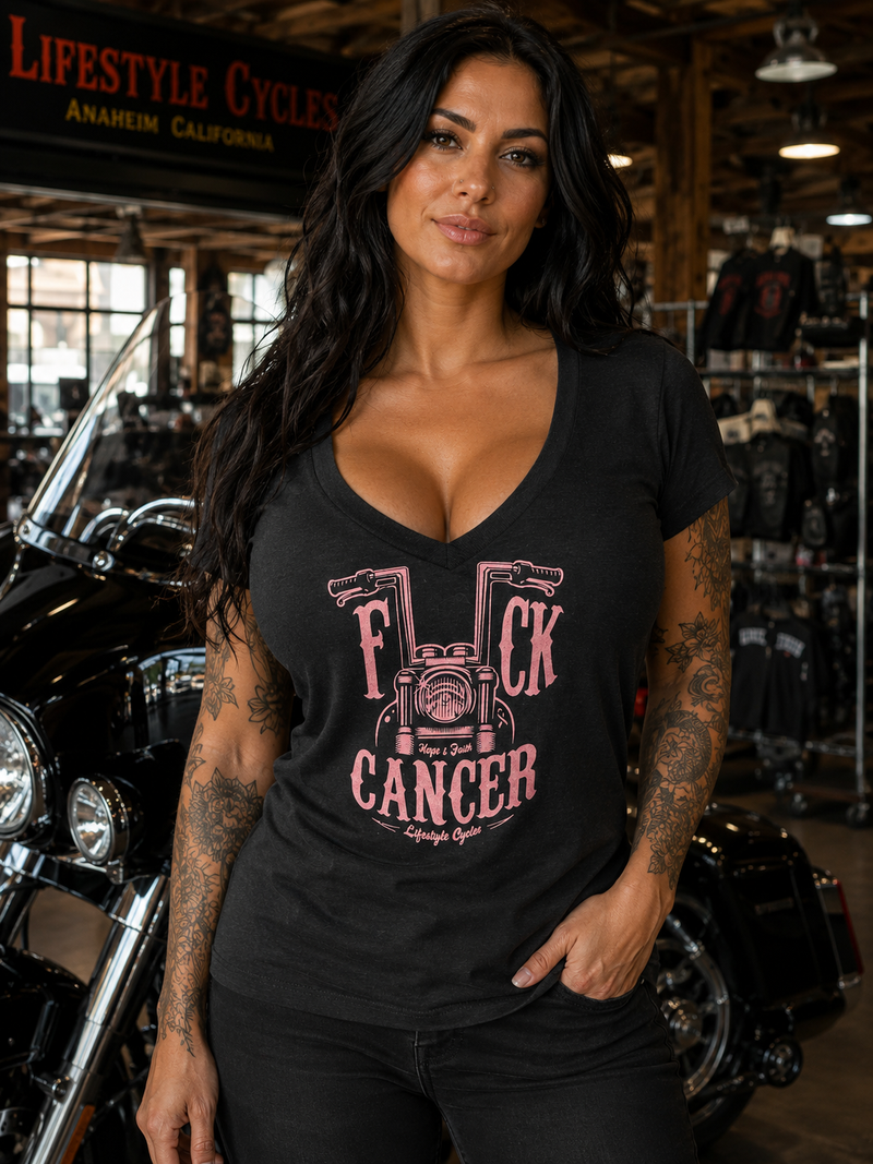 LIFESTYLE CYCLES F*ck Cancer Ladies V-Neck Black w/Pink Logo Shirt