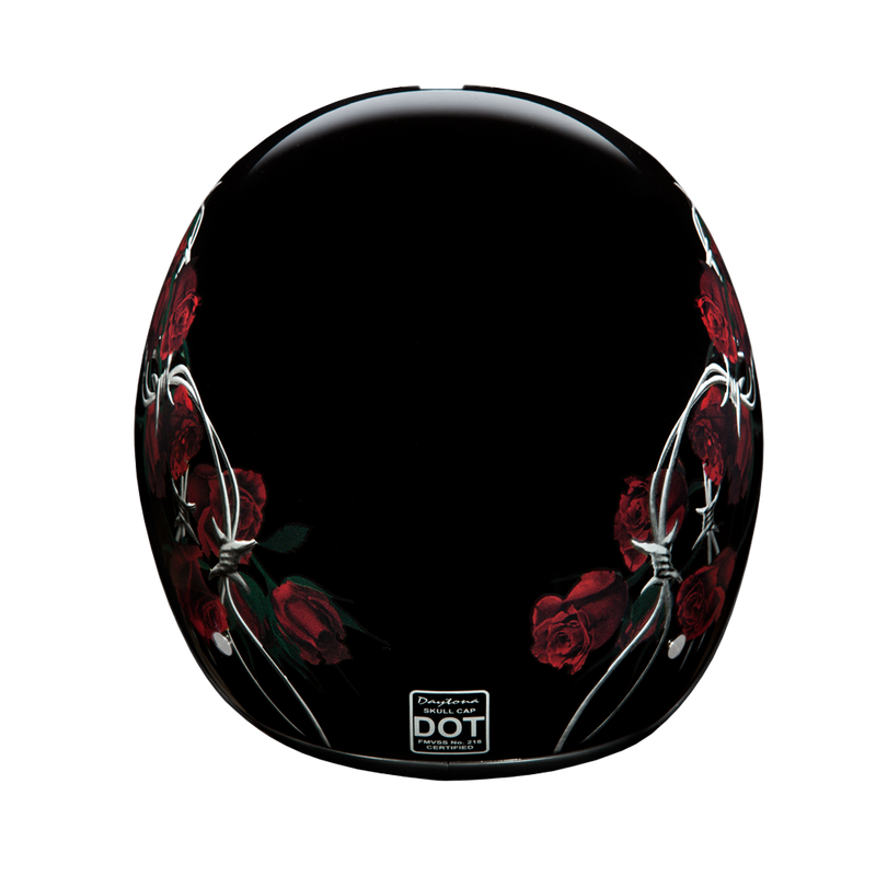 DOT Approved Daytona Motorcycle Half Face Helmet - Skull Cap Graphics for Men & Women, Scooters, ATVs, UTVs & Choppers - W/ Barbed Roses