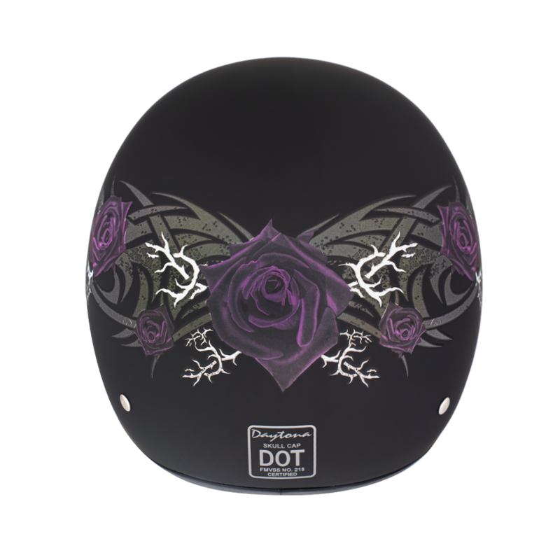 DOT Approved Daytona Motorcycle Half Face Helmet - Skull Cap Graphics for Men & Women, Scooters, ATVs, UTVs & Choppers - W/ Purple Rose