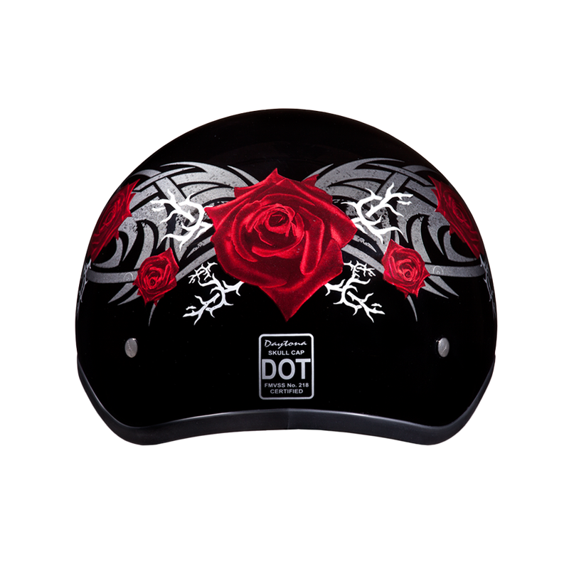 DOT Approved Daytona Motorcycle Half Face Helmet - Skull Cap Graphics for Men & Women, Scooters, ATVs, UTVs & Choppers - W/ Rose